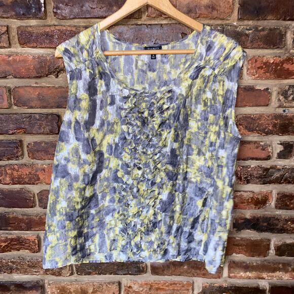Talbots 100% Silk Green Gray Printed Ruffled Sleeveless Tank Top Women's Size 16 - Picture 1 of 6
